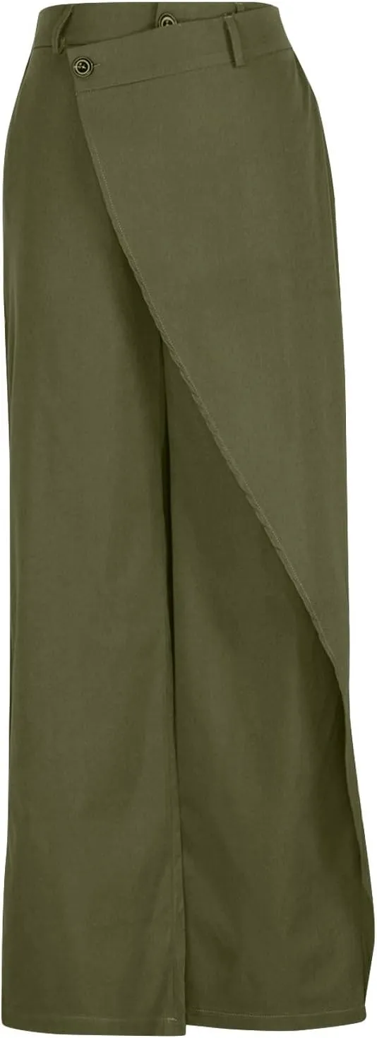 Womens High Waist Wide Leg Straight Pants Button Relaxed Fit Trousers 2024 Trendy Casual Solid Long Pants with Pockets