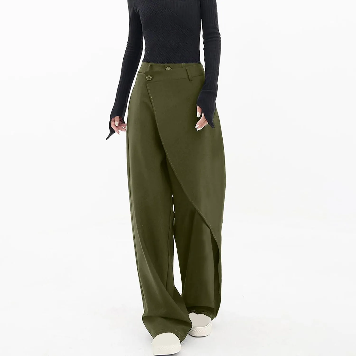 Womens High Waist Wide Leg Straight Pants Button Relaxed Fit Trousers 2024 Trendy Casual Solid Long Pants with Pockets