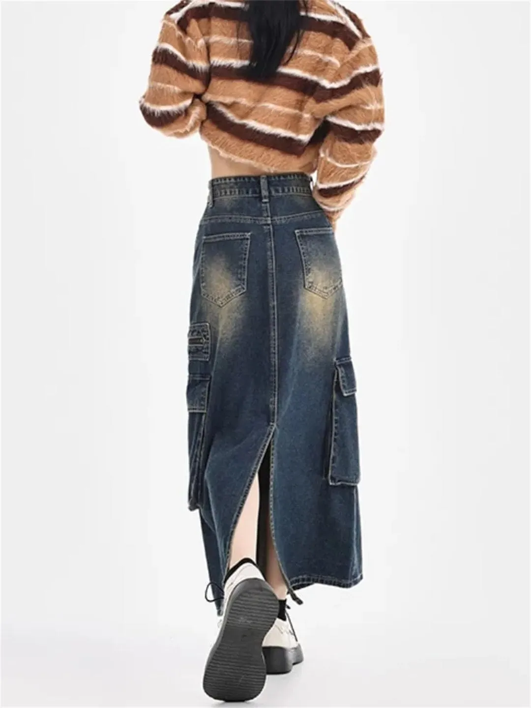 Women's High Waist Workwear Casual Denim A-Line Skirt Mid-Calf Vintage Cotton Skirt with Large Pockets Skirt