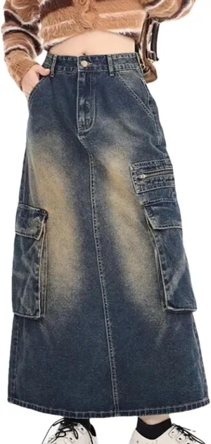Women's High Waist Workwear Casual Denim A-Line Skirt Mid-Calf Vintage Cotton Skirt with Large Pockets Skirt