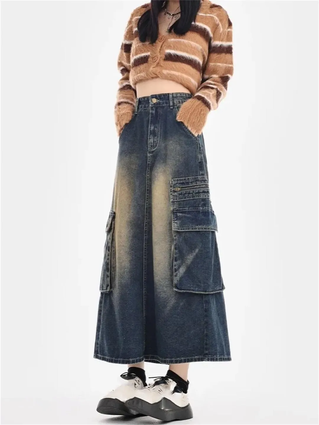 Women's High Waist Workwear Casual Denim A-Line Skirt Mid-Calf Vintage Cotton Skirt with Large Pockets Skirt