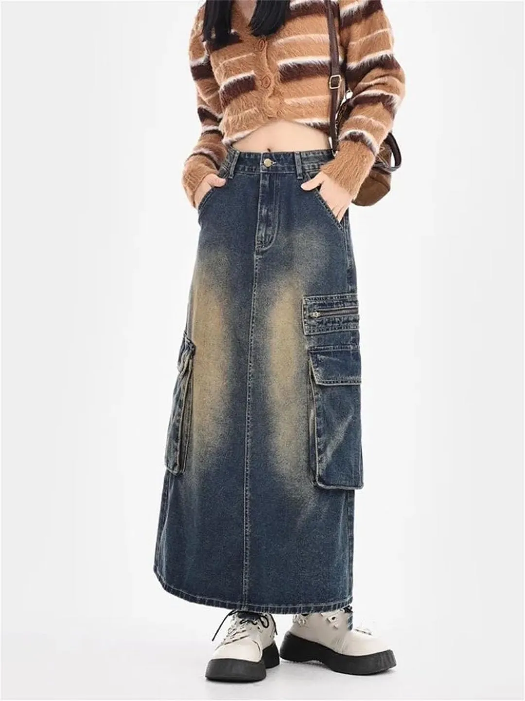 Women's High Waist Workwear Casual Denim A-Line Skirt Mid-Calf Vintage Cotton Skirt with Large Pockets Skirt