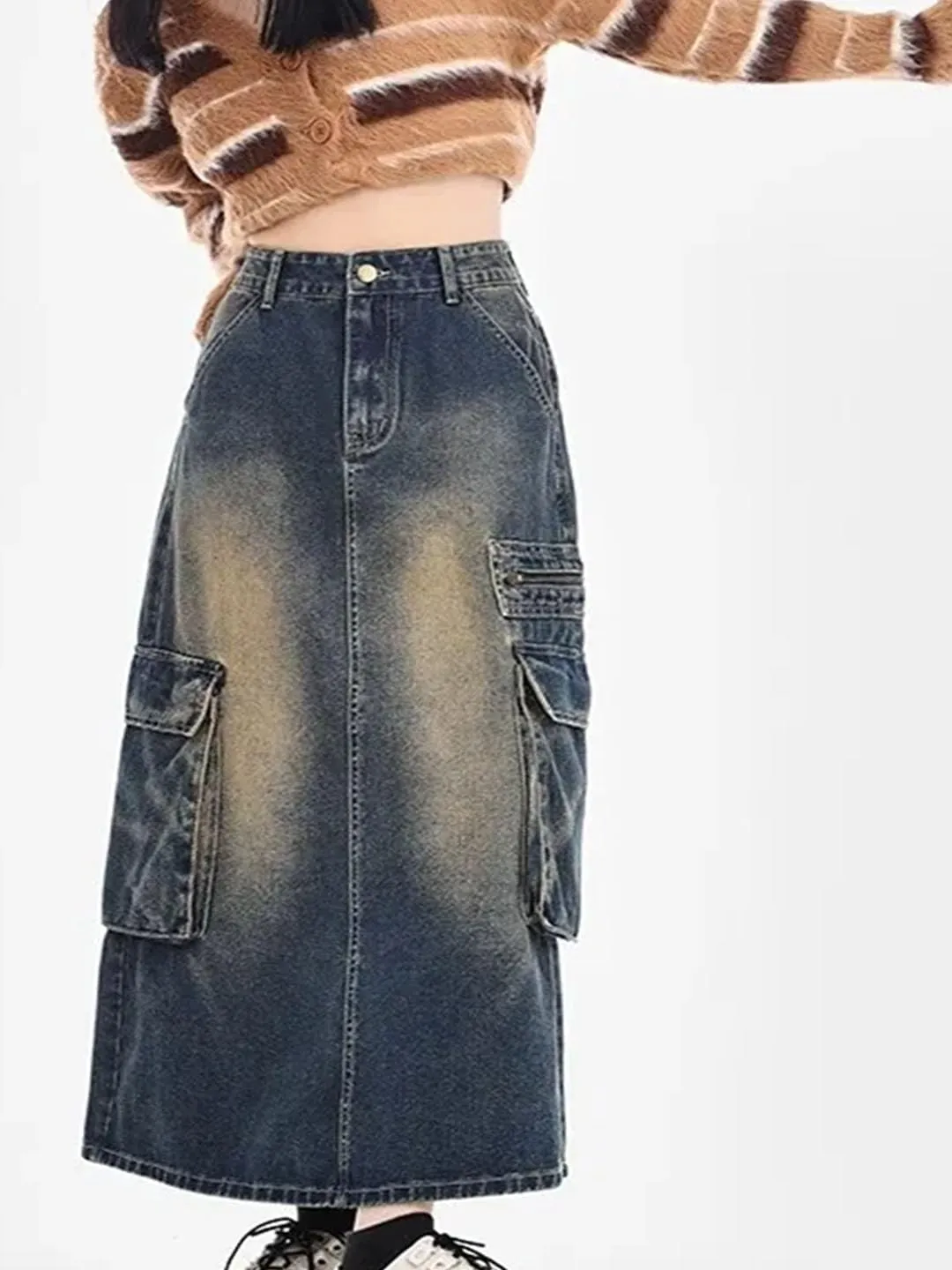 Women's High Waist Workwear Casual Denim A-Line Skirt Mid-Calf Vintage Cotton Skirt with Large Pockets Skirt