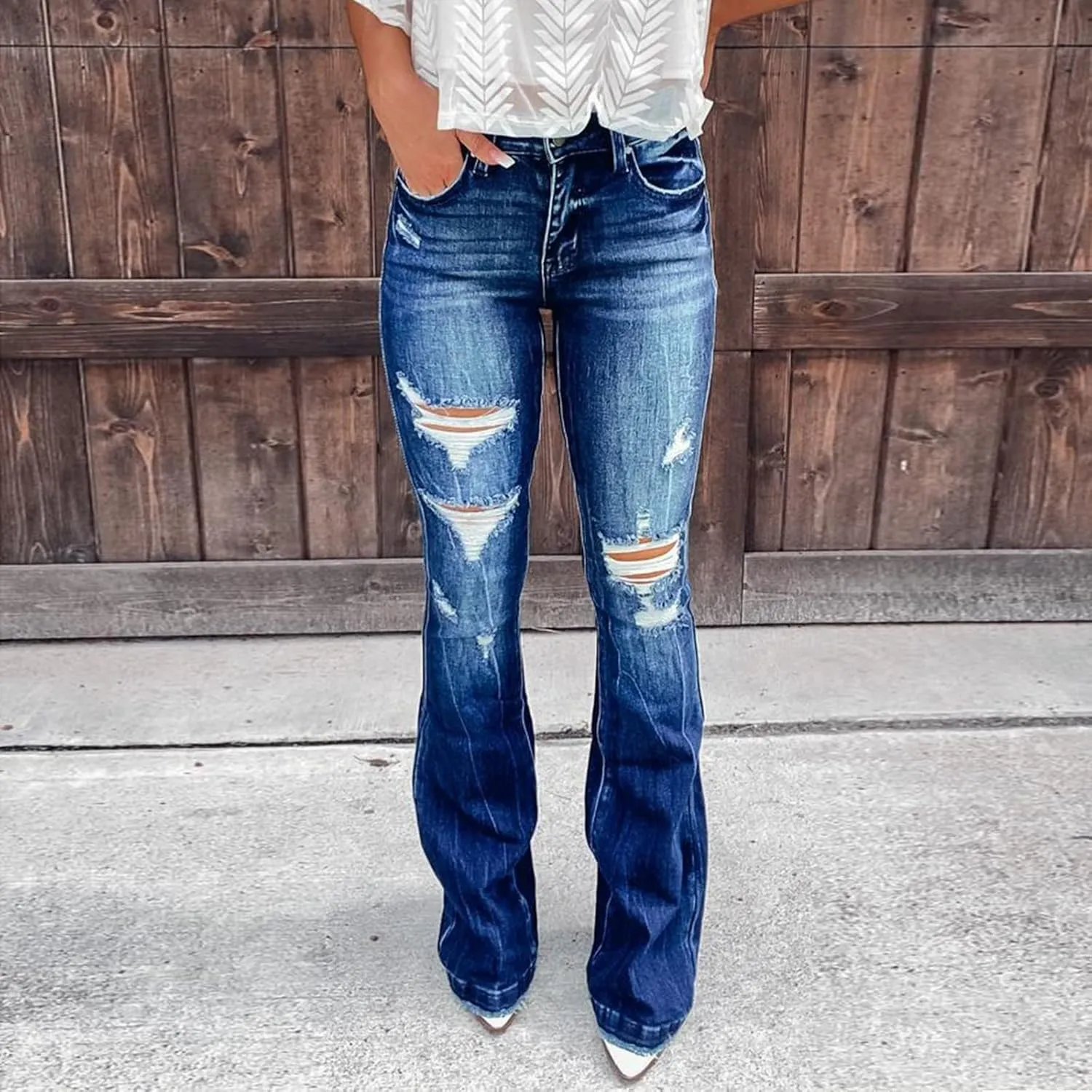 Womens High Waisted Bell Bottom Tapered Jeans Stretchy Slim Fit Wide Leg Flared Ripped Jeans Denim Pants Streetwear