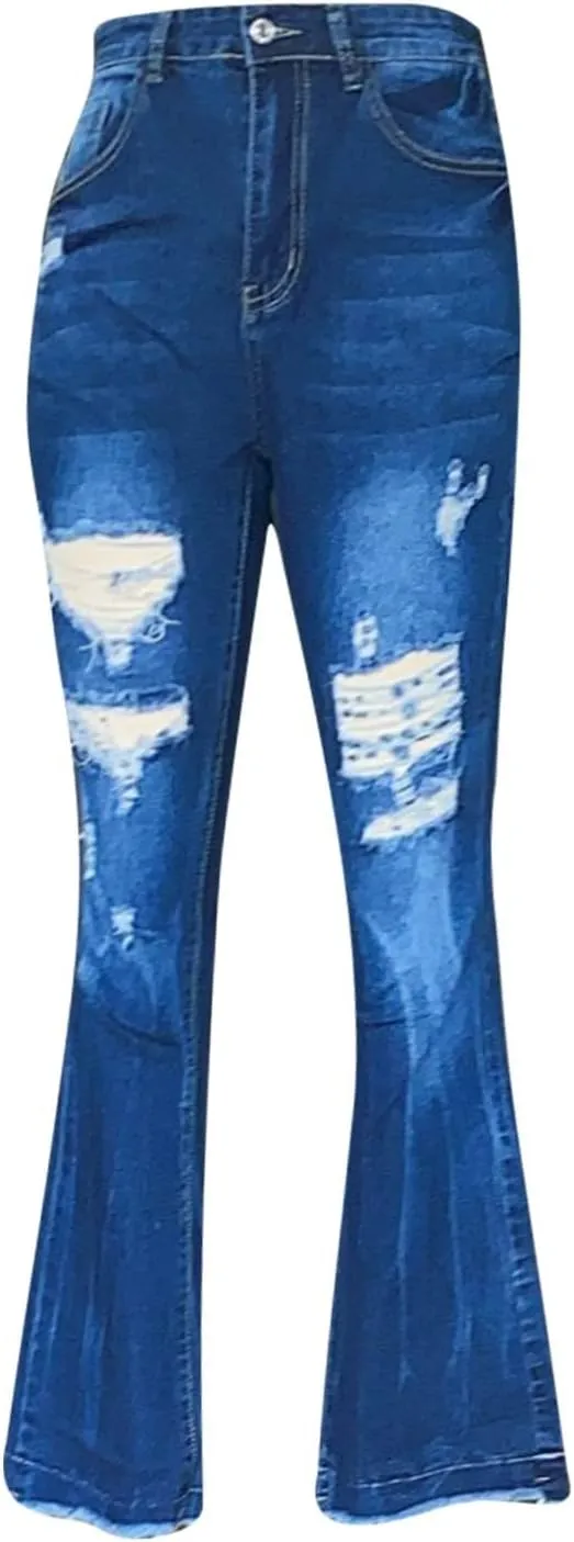 Womens High Waisted Bell Bottom Tapered Jeans Stretchy Slim Fit Wide Leg Flared Ripped Jeans Denim Pants Streetwear