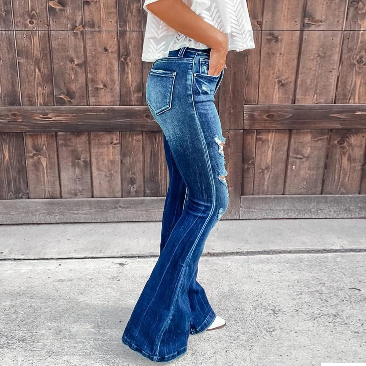 Womens High Waisted Bell Bottom Tapered Jeans Stretchy Slim Fit Wide Leg Flared Ripped Jeans Denim Pants Streetwear