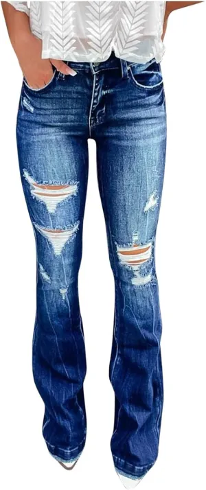 Womens High Waisted Bell Bottom Tapered Jeans Stretchy Slim Fit Wide Leg Flared Ripped Jeans Denim Pants Streetwear