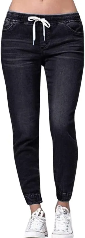 Women's High Waisted Elastic Waist Jean Joggers for Women Pull-on Stretch Loose Denim Pants with Drawstring