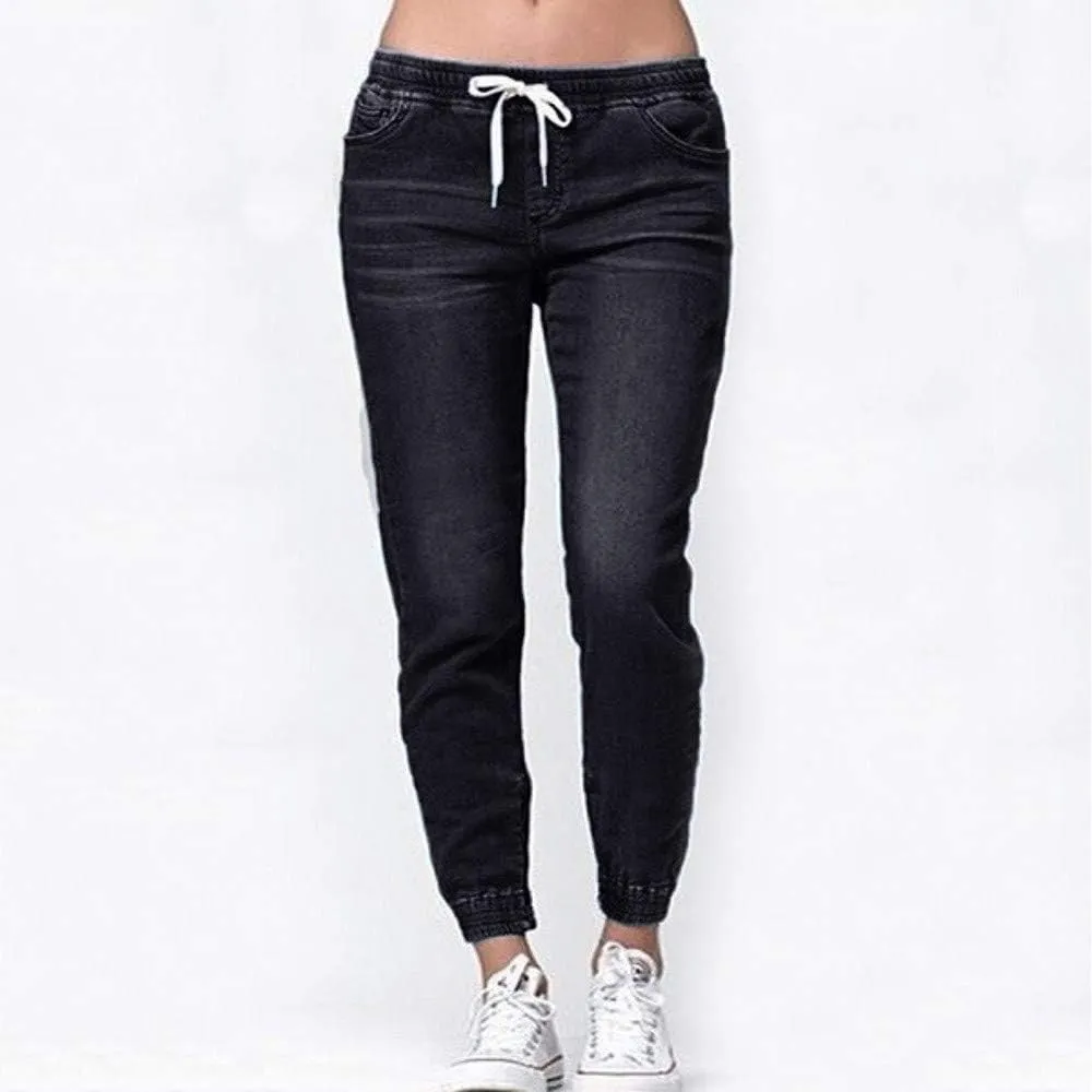 Women's High Waisted Elastic Waist Jean Joggers for Women Pull-on Stretch Loose Denim Pants with Drawstring