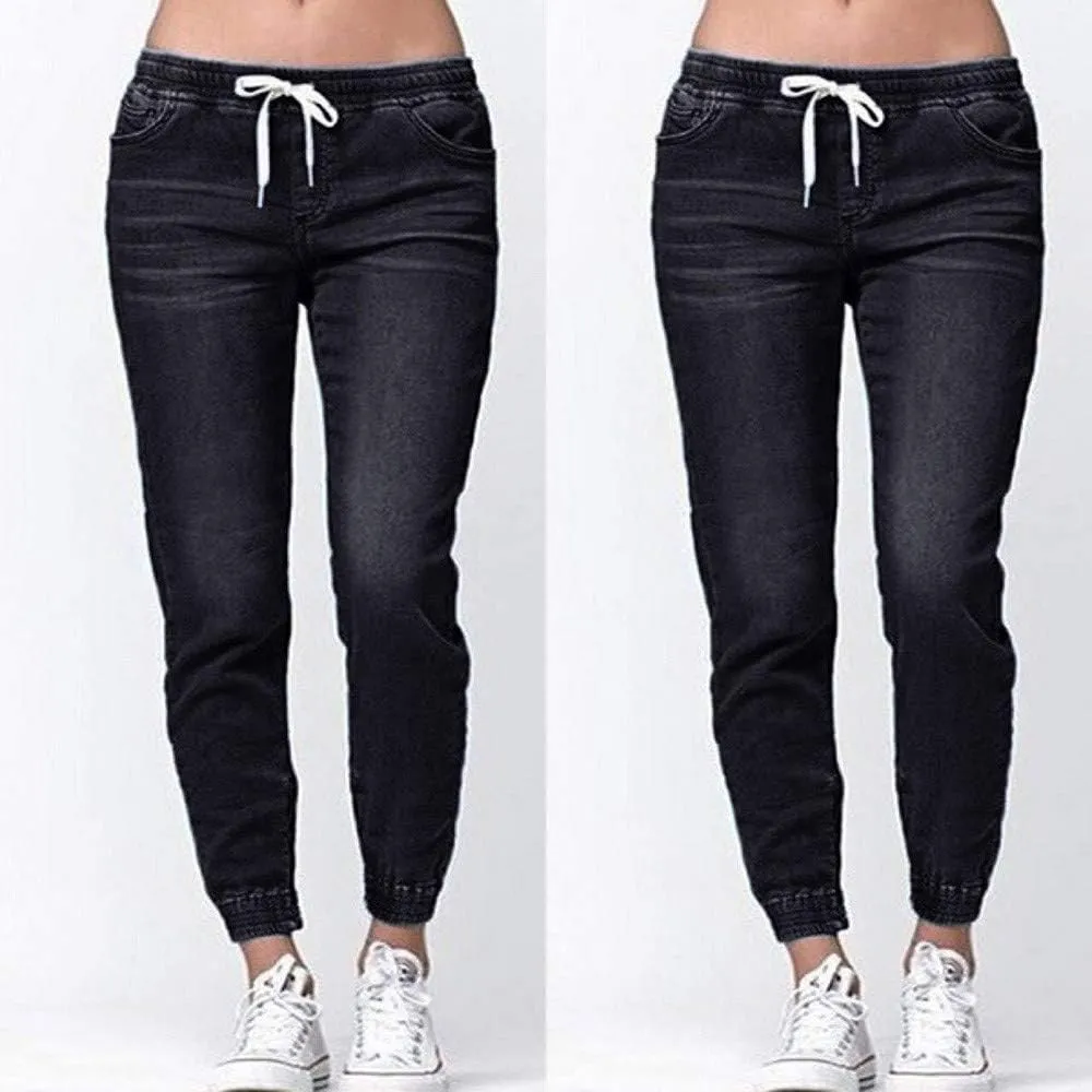 Women's High Waisted Elastic Waist Jean Joggers for Women Pull-on Stretch Loose Denim Pants with Drawstring