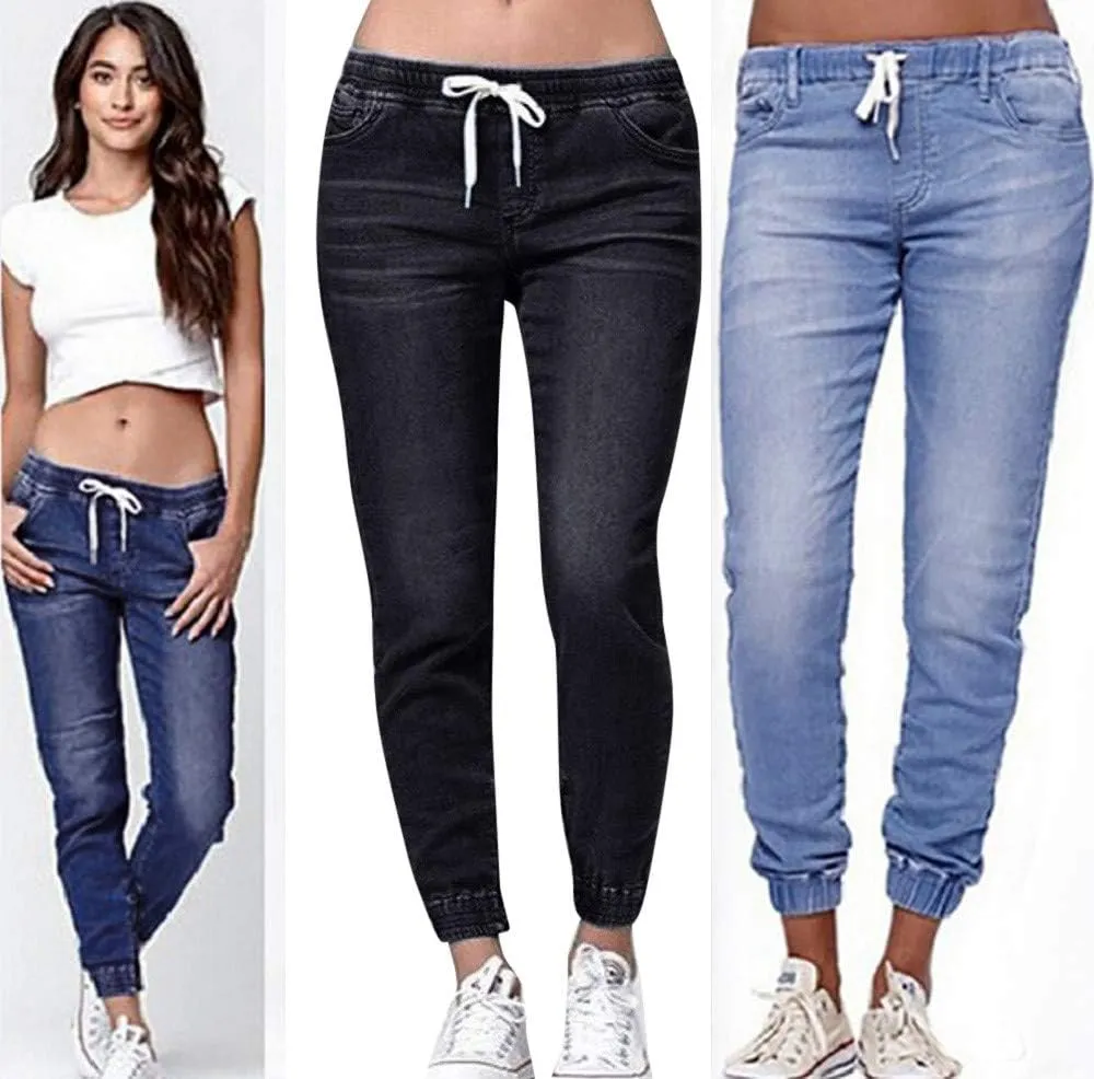 Women's High Waisted Elastic Waist Jean Joggers for Women Pull-on Stretch Loose Denim Pants with Drawstring