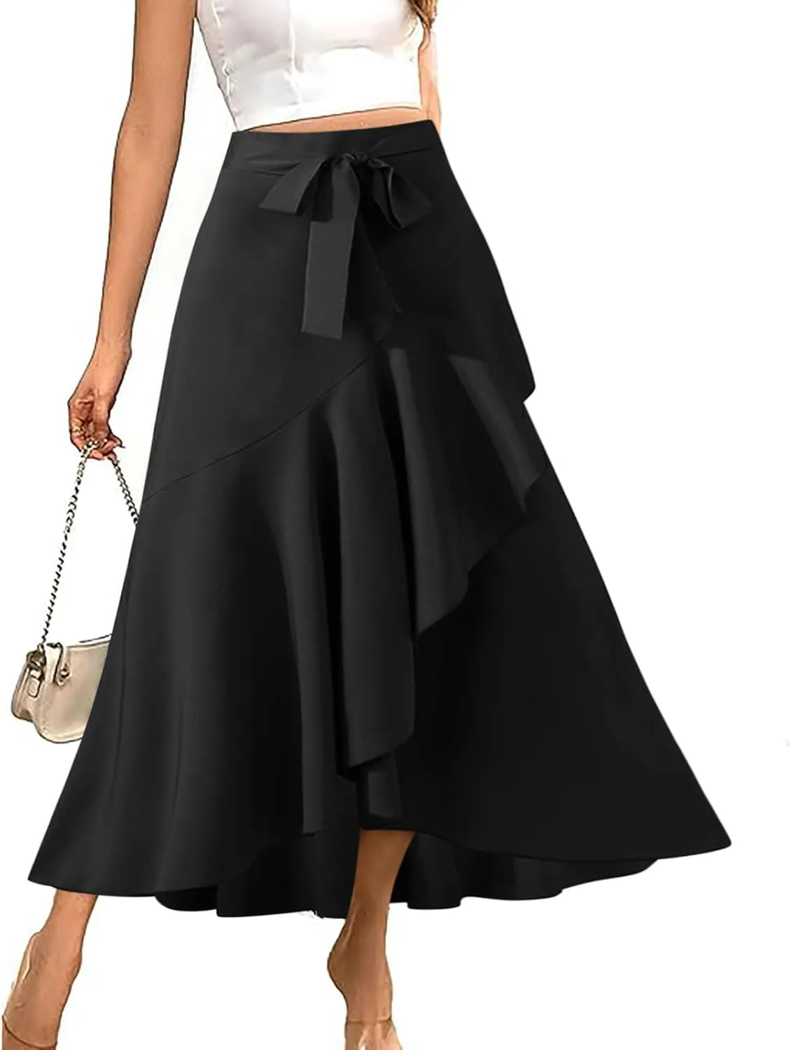 Women's High Waisted Ruffle Skirt Asymmetrical Hem Split Thigh Swing Pleated Drawstring Summer Maxi Long Skirts