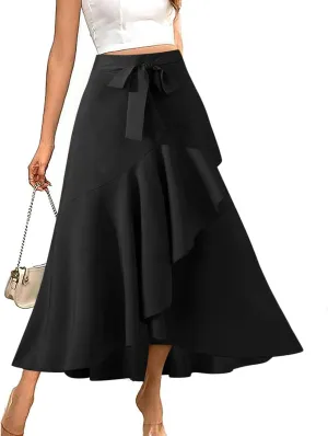 Women's High Waisted Ruffle Skirt Asymmetrical Hem Split Thigh Swing Pleated Drawstring Summer Maxi Long Skirts