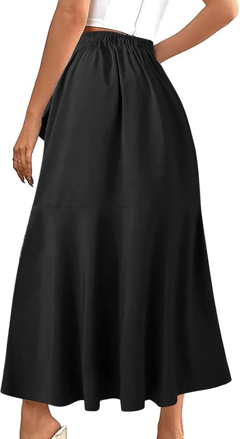 Women's High Waisted Ruffle Skirt Asymmetrical Hem Split Thigh Swing Pleated Drawstring Summer Maxi Long Skirts