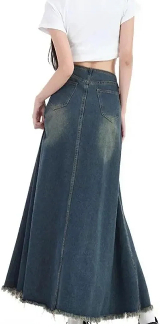 Women's High-Waisted Slimming Denim A-Line Skirt Mid-Calf Elastic Waist Cotton Umbrella Casual Skirt