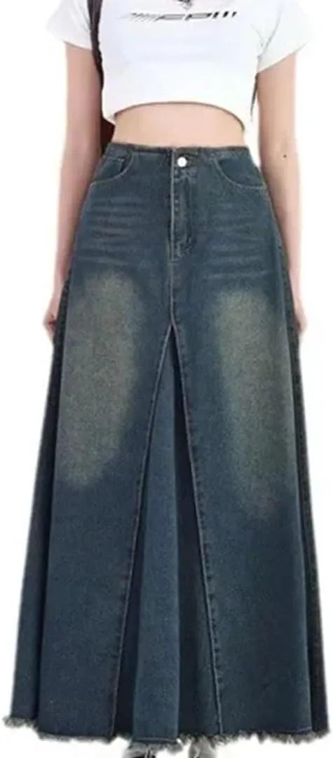 Women's High-Waisted Slimming Denim A-Line Skirt Mid-Calf Elastic Waist Cotton Umbrella Casual Skirt