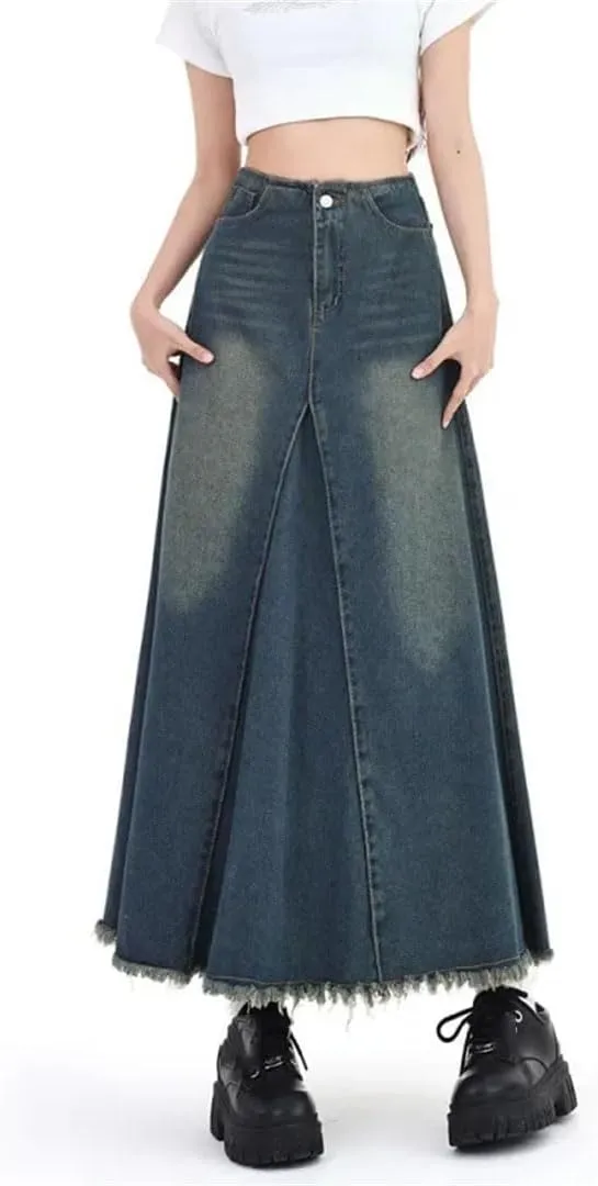 Women's High-Waisted Slimming Denim A-Line Skirt Mid-Calf Elastic Waist Cotton Umbrella Casual Skirt