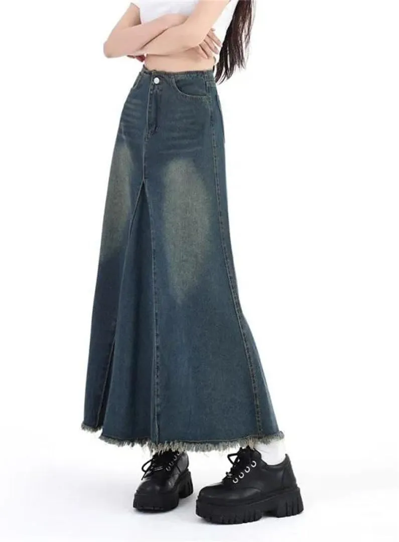 Women's High-Waisted Slimming Denim A-Line Skirt Mid-Calf Elastic Waist Cotton Umbrella Casual Skirt