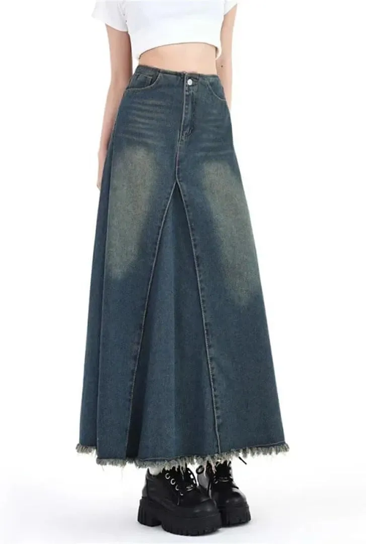Women's High-Waisted Slimming Denim A-Line Skirt Mid-Calf Elastic Waist Cotton Umbrella Casual Skirt