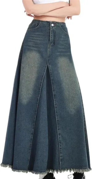 Women's High-Waisted Slimming Denim A-Line Skirt Mid-Calf Elastic Waist Cotton Umbrella Casual Skirt