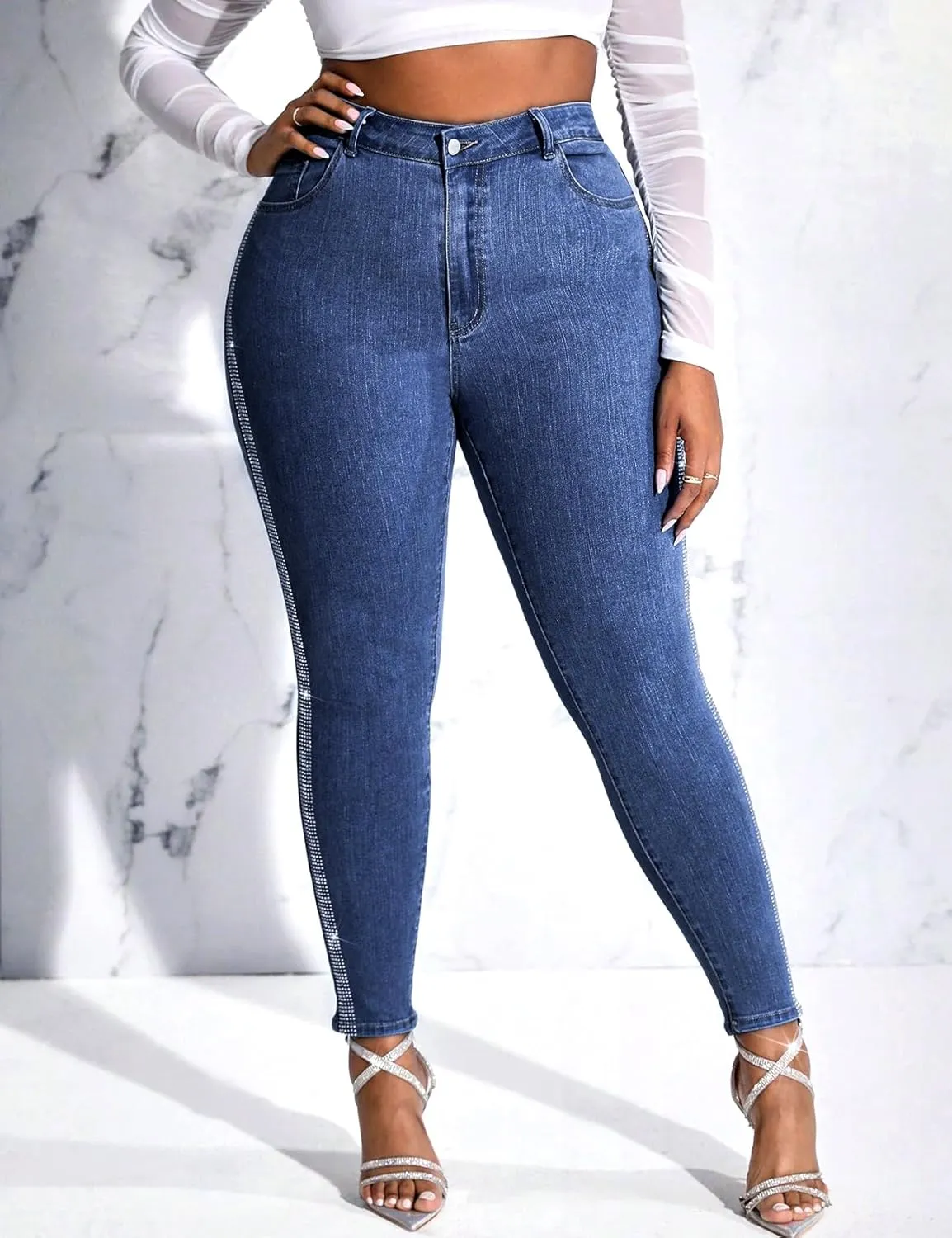 Womens High Waisted Stretch Skinny Jean Plus Size Side Rhinestone Denim Pants