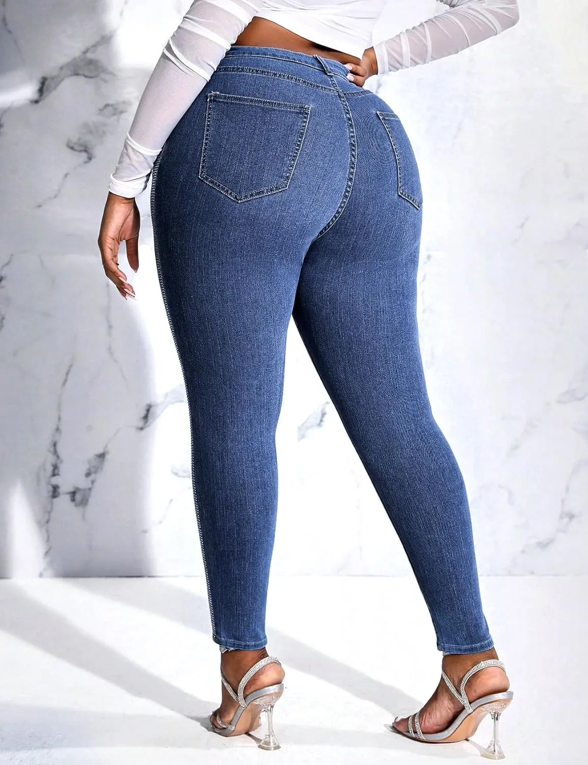 Womens High Waisted Stretch Skinny Jean Plus Size Side Rhinestone Denim Pants
