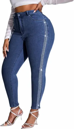 Womens High Waisted Stretch Skinny Jean Plus Size Side Rhinestone Denim Pants