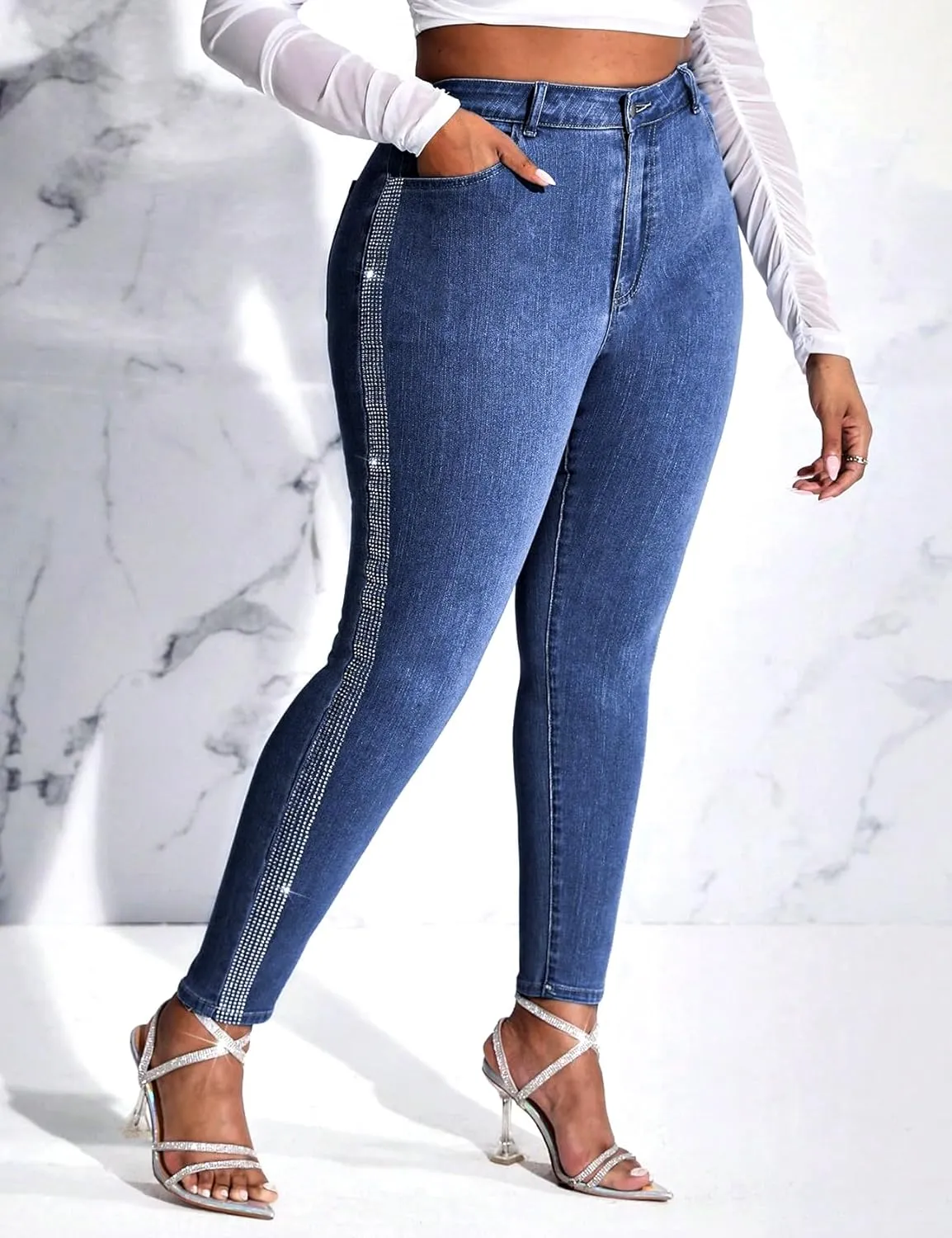 Womens High Waisted Stretch Skinny Jean Plus Size Side Rhinestone Denim Pants