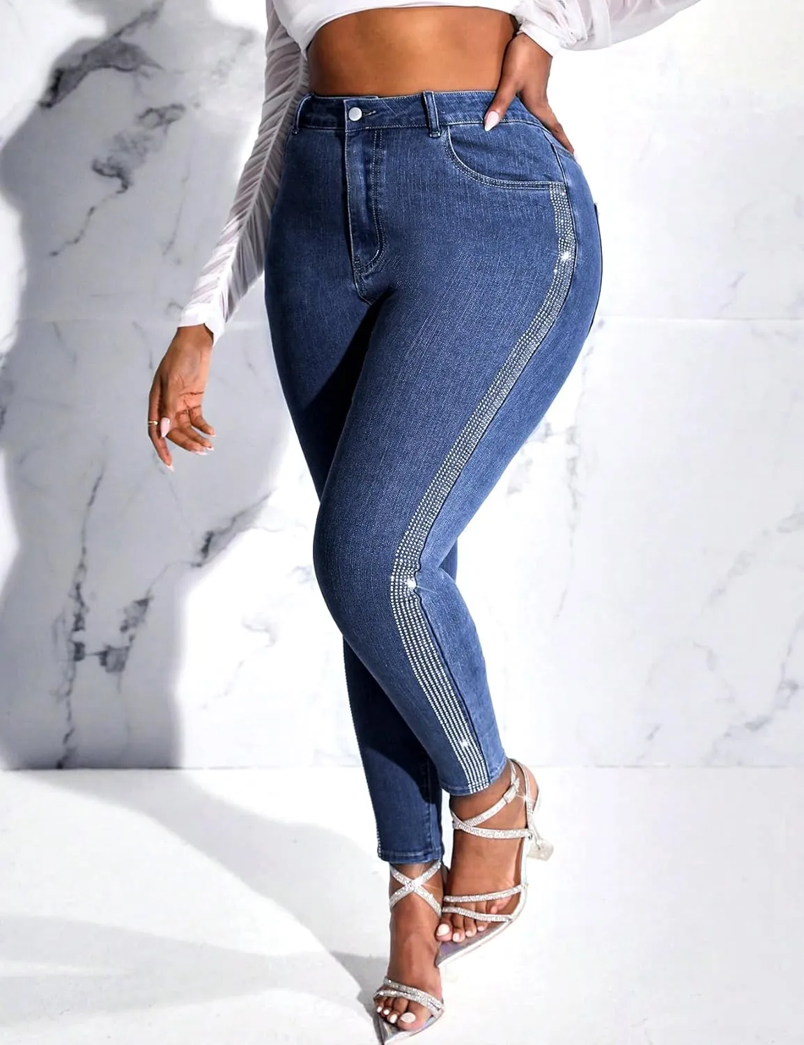 Womens High Waisted Stretch Skinny Jean Plus Size Side Rhinestone Denim Pants