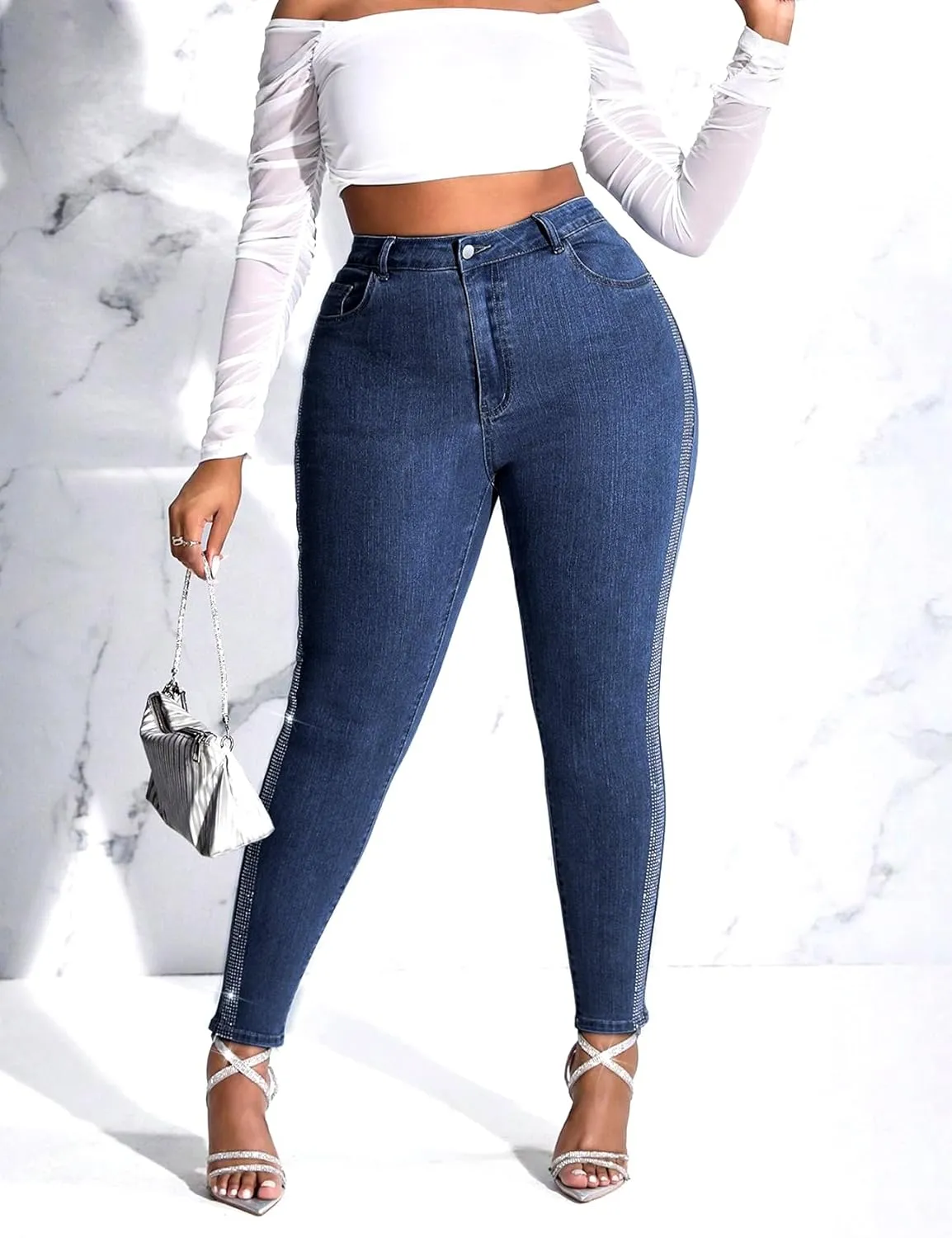 Womens High Waisted Stretch Skinny Jean Plus Size Side Rhinestone Denim Pants