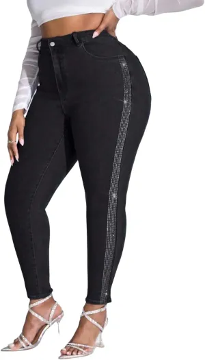 Womens High Waisted Stretch Skinny Jean Plus Size Side Rhinestone Denim Pants