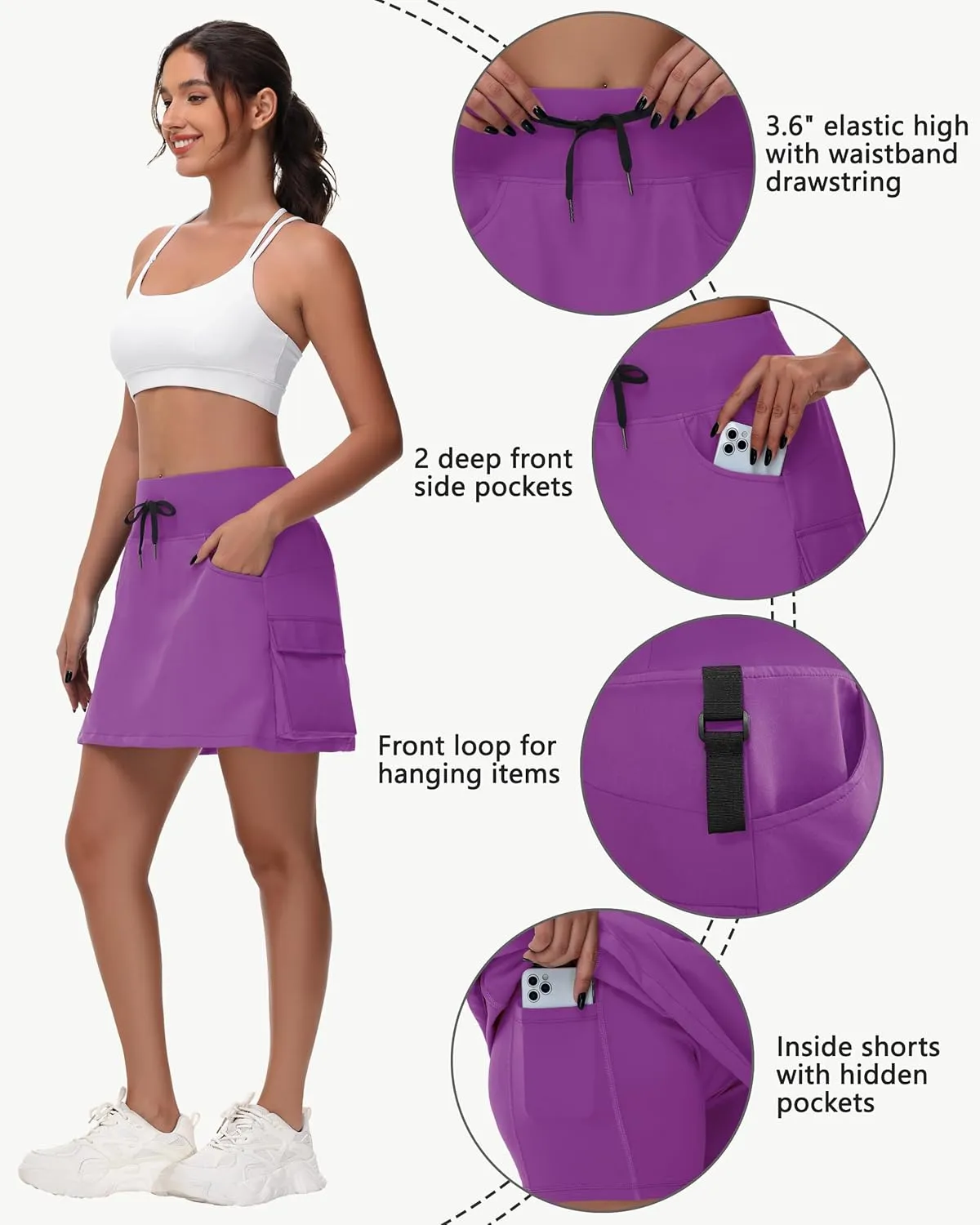 Women's Hiking Cargo Skort Skirt - High Waisted Golf Dressy Casual Workout Sport Skirt with Liner Quick Dry UPF50