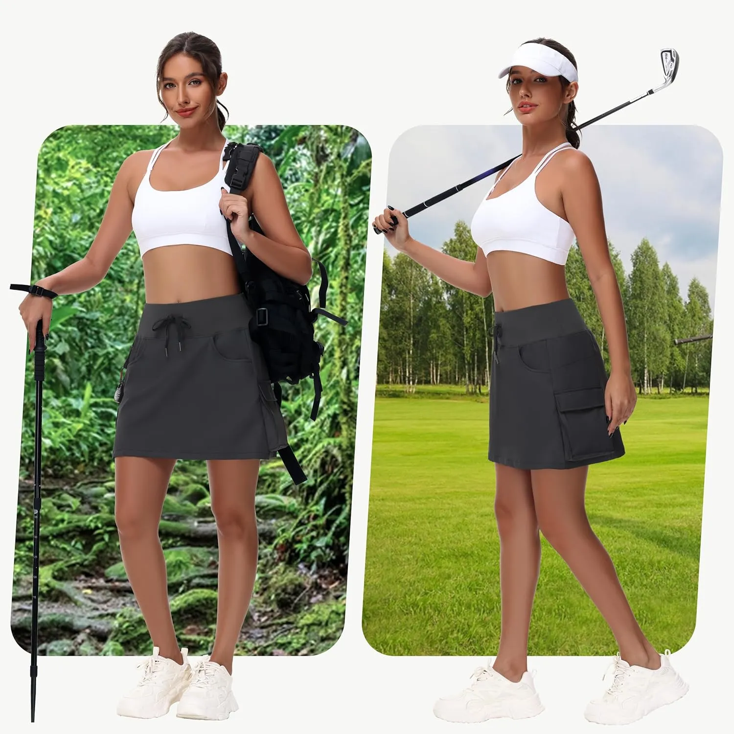 Women's Hiking Cargo Skort Skirt - High Waisted Golf Dressy Casual Workout Sport Skirt with Liner Quick Dry UPF50