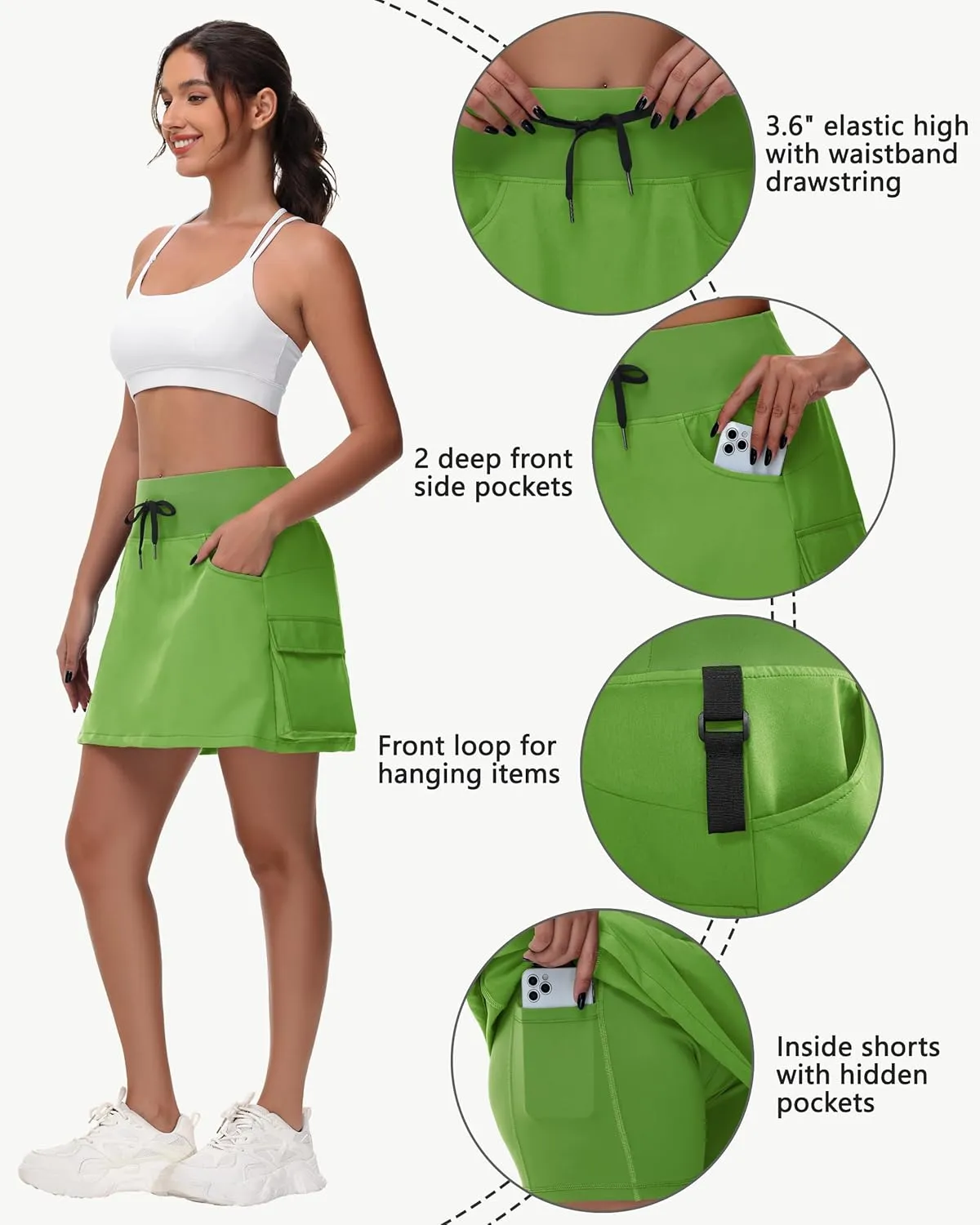 Women's Hiking Cargo Skort Skirt - High Waisted Golf Dressy Casual Workout Sport Skirt with Liner Quick Dry UPF50