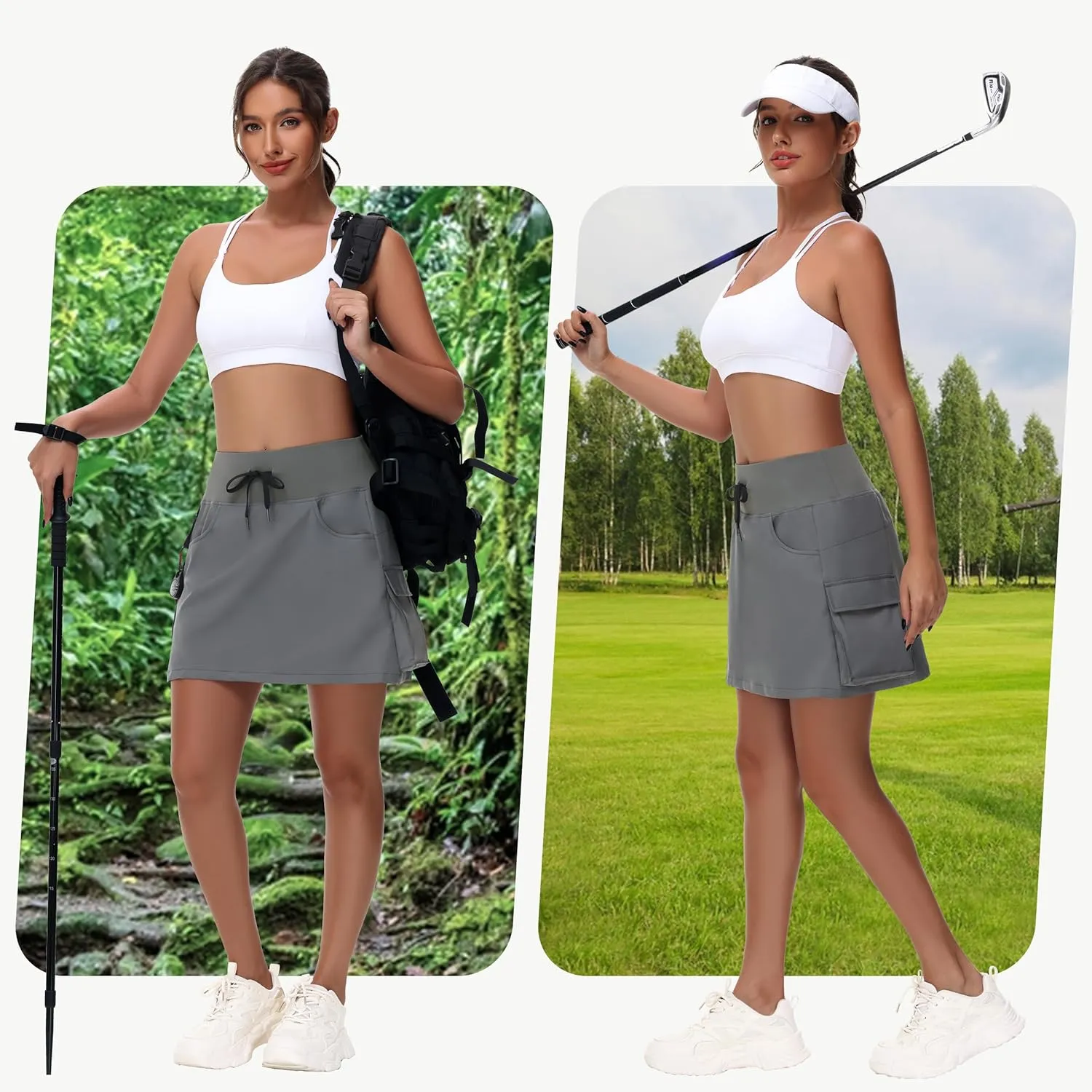 Women's Hiking Cargo Skort Skirt - High Waisted Golf Dressy Casual Workout Sport Skirt with Liner Quick Dry UPF50