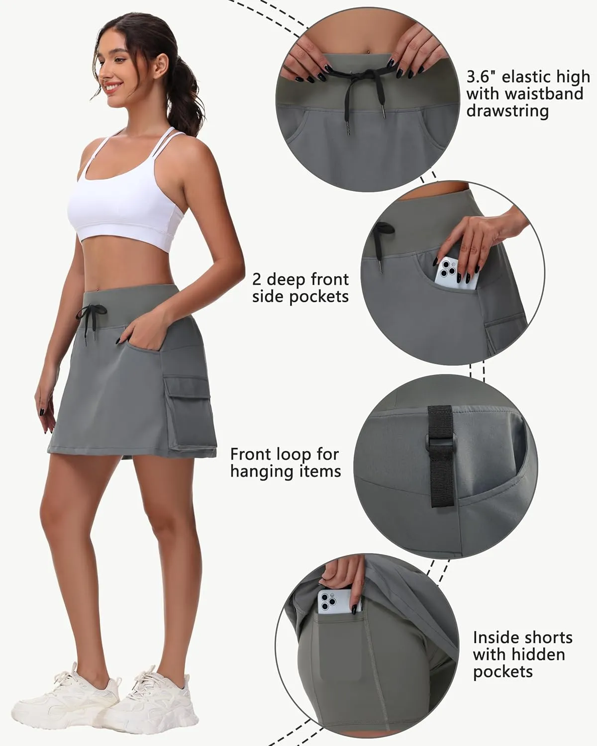 Women's Hiking Cargo Skort Skirt - High Waisted Golf Dressy Casual Workout Sport Skirt with Liner Quick Dry UPF50