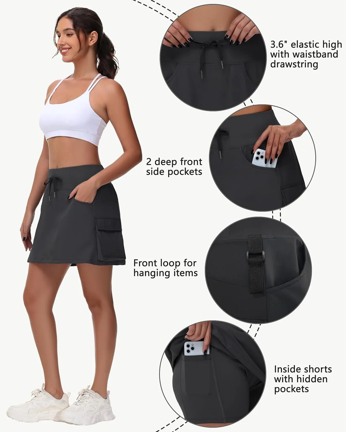 Women's Hiking Cargo Skort Skirt - High Waisted Golf Dressy Casual Workout Sport Skirt with Liner Quick Dry UPF50