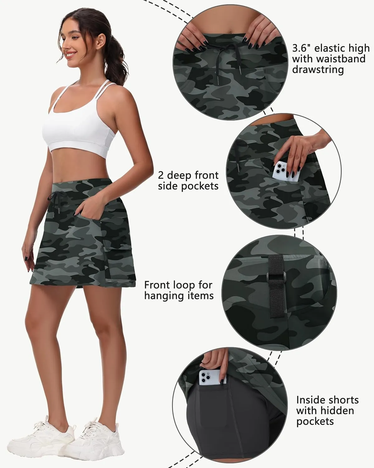 Women's Hiking Cargo Skort Skirt - High Waisted Golf Dressy Casual Workout Sport Skirt with Liner Quick Dry UPF50