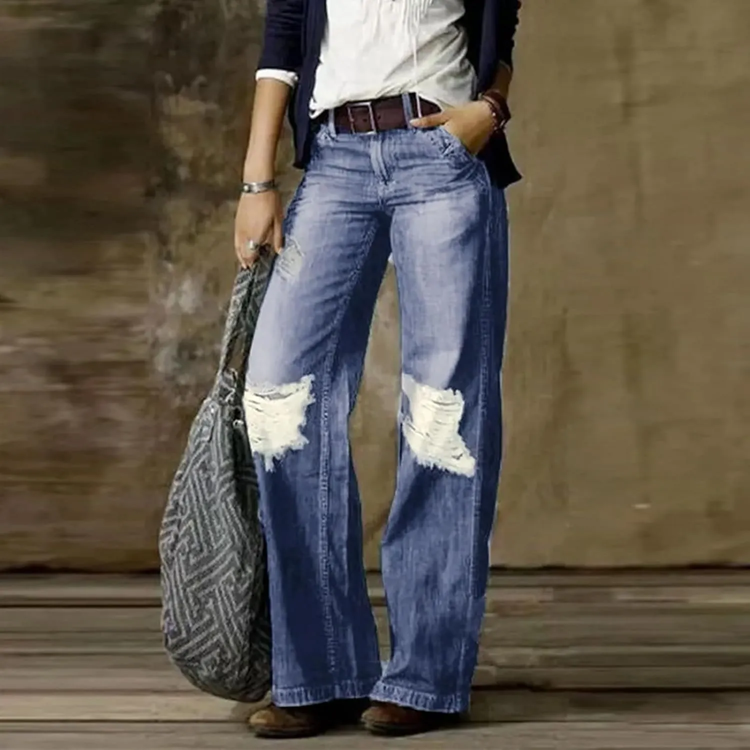 Women's Jeans Printed Stretchy High Waisted Baggy Straight Wide Leg Crop Casual Bootcut Imitation Denim Pants Trouser