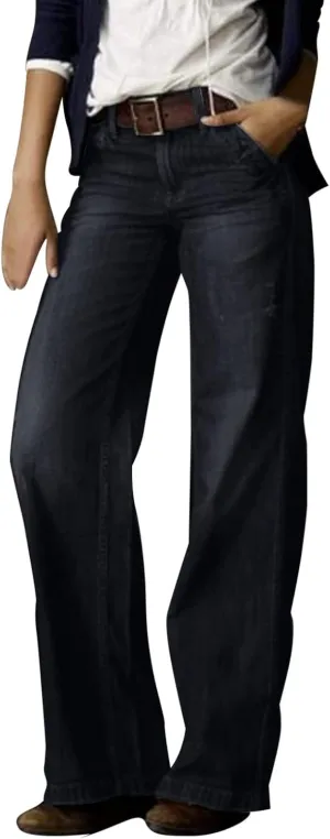 Women's Jeans Printed Stretchy High Waisted Baggy Straight Wide Leg Crop Casual Bootcut Imitation Denim Pants Trouser