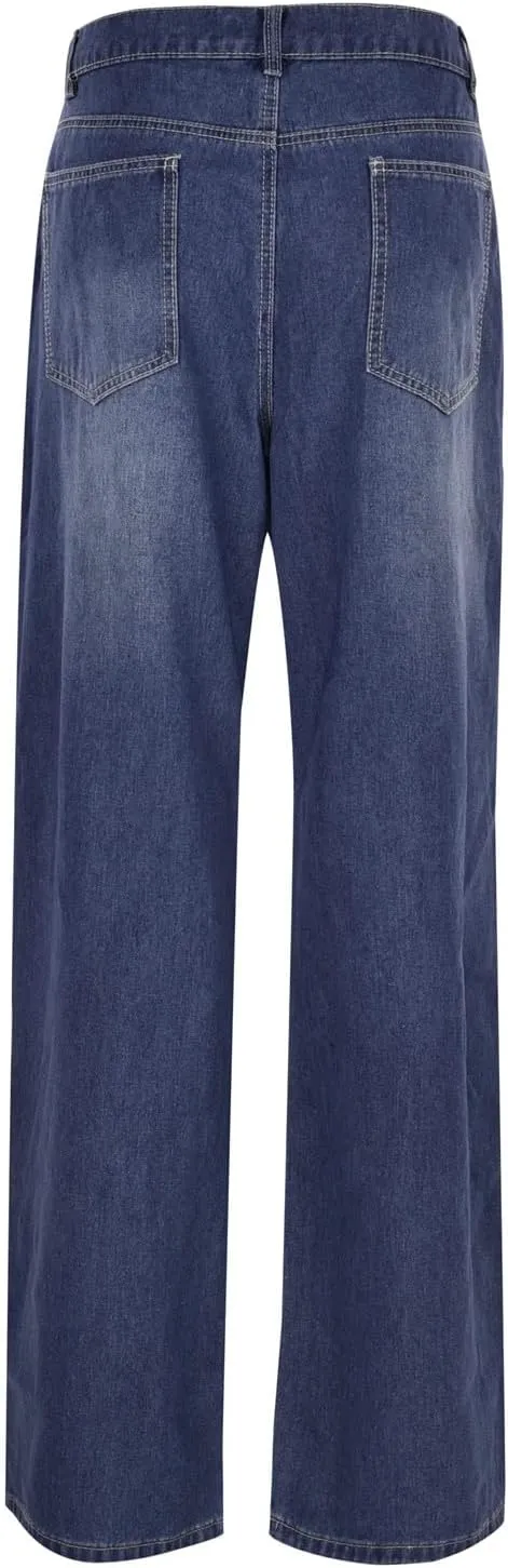 Women's Jeans Printed Stretchy High Waisted Baggy Straight Wide Leg Crop Casual Bootcut Imitation Denim Pants Trouser