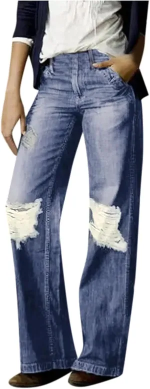 Women's Jeans Printed Stretchy High Waisted Baggy Straight Wide Leg Crop Casual Bootcut Imitation Denim Pants Trouser