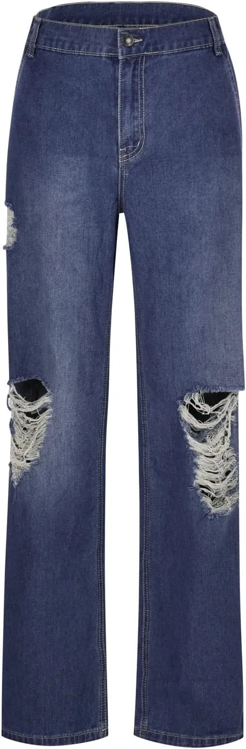 Women's Jeans Printed Stretchy High Waisted Baggy Straight Wide Leg Crop Casual Bootcut Imitation Denim Pants Trouser