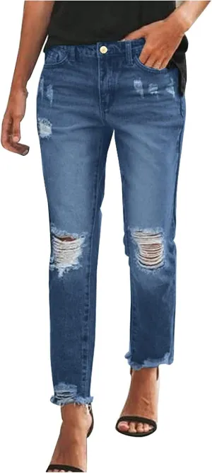 Womens Jeans Trendy 2024 Women Mid Stretch Distressed Boyfriend Denim Jeans Waist Ripped Pants Denim Knit Leggings