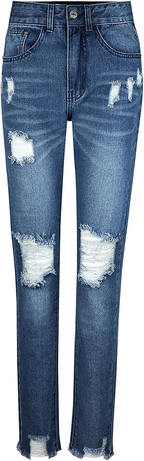 Womens Jeans Trendy 2024 Women Mid Stretch Distressed Boyfriend Denim Jeans Waist Ripped Pants Denim Knit Leggings