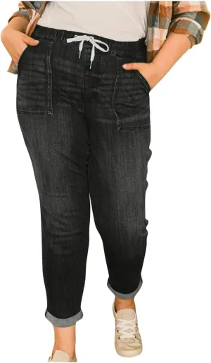 Womens Jeans Women's Trendy Casual Solid Color Jean Drawstring High Waisted Straight Wide Leg Denim Pants with Pocket