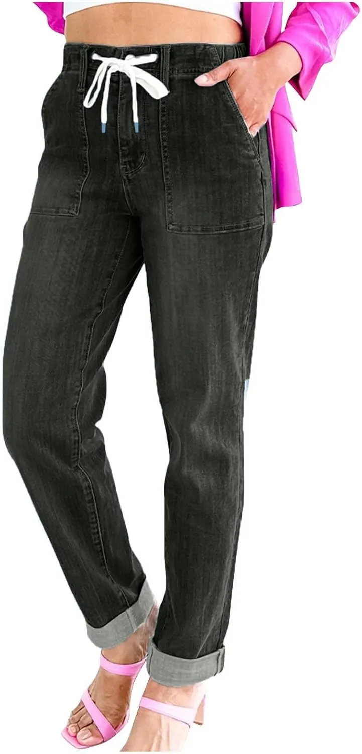 Womens Jeans Women's Trendy Casual Solid Color Jean Drawstring High Waisted Straight Wide Leg Denim Pants with Pocket