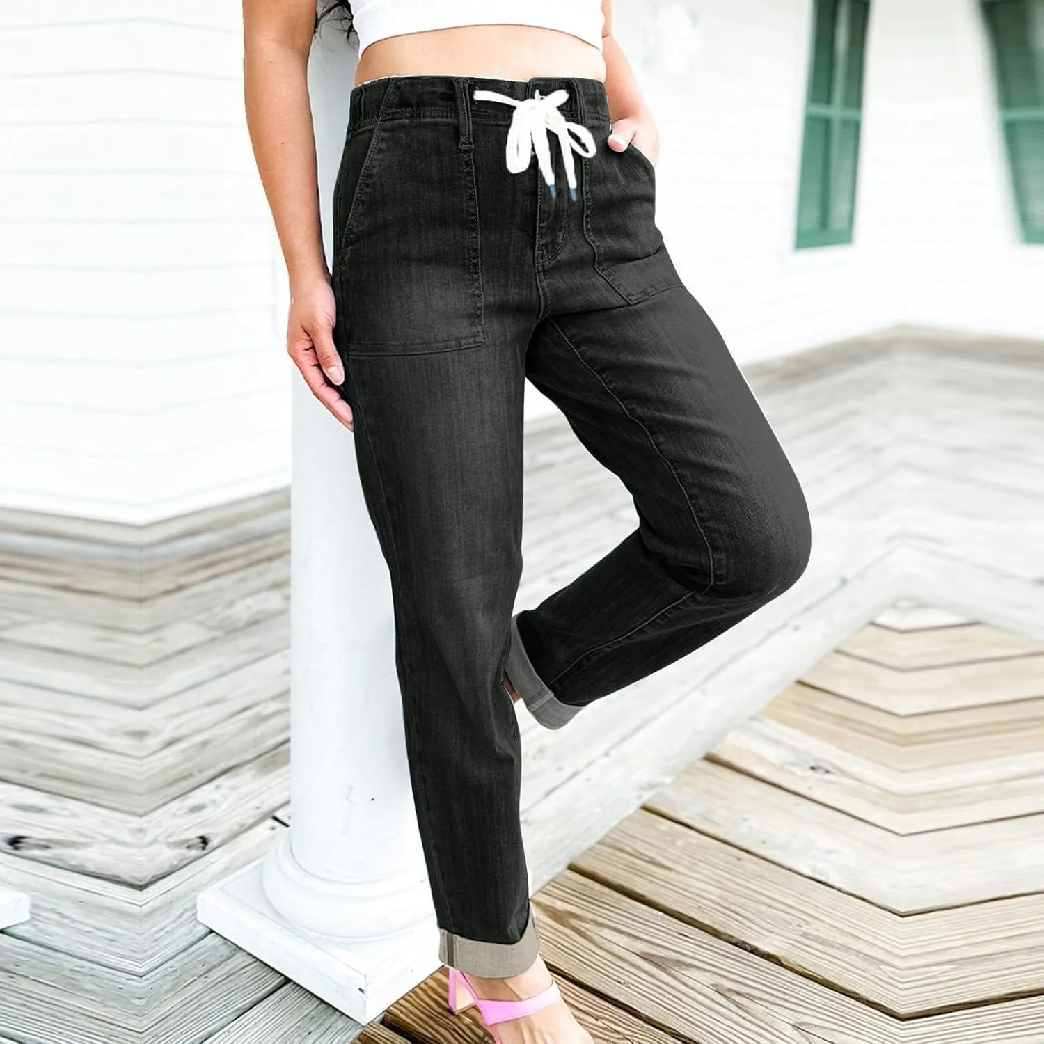 Womens Jeans Women's Trendy Casual Solid Color Jean Drawstring High Waisted Straight Wide Leg Denim Pants with Pocket