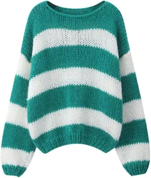Women's Knit Striped Sweater Oversized Color Clock Long Sleeve Crewneck Pullover Jumpers Cute Trendy Sweater