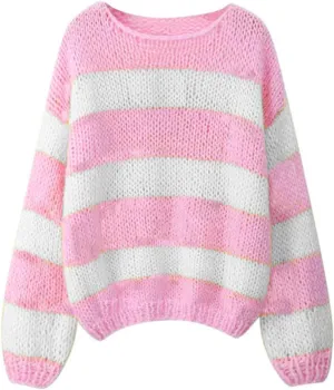 Women's Knit Striped Sweater Oversized Color Clock Long Sleeve Crewneck Pullover Jumpers Cute Trendy Sweater